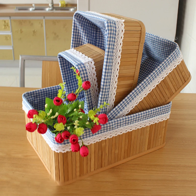 Home Weaving Storage Basket Bamboo Handmade Cotton Material Grocery Snacks Toy Storage Basket Collapsible Desktop Organizer