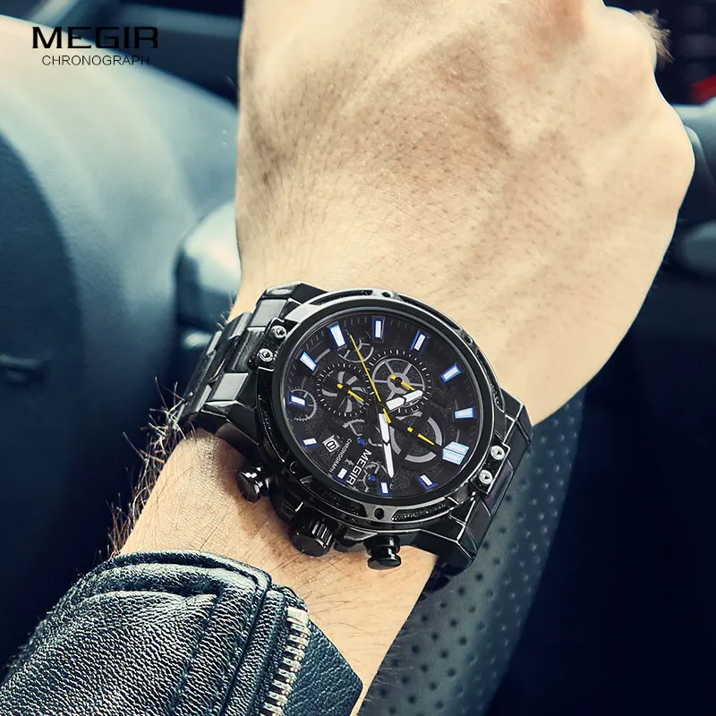 MEGIR 2019 Men\'s Business Quartz Watches Army Sports Chronograph Wristwatch Man Top Brand Luxury Relogios Masculinos 2108 Black