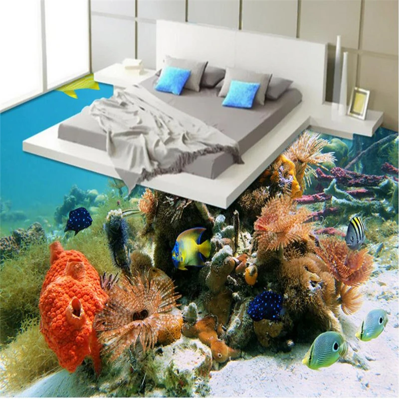 wellyu 3D beautiful coral floor custom large fresco pvc waterproof thick wear resistant floor cover papel de parede