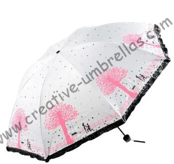 

Ladies' Summer parasol,three fold, lacing fringe,hand open,windproof,pocket/bag parasol,UV protecting,black coating,mix order OK