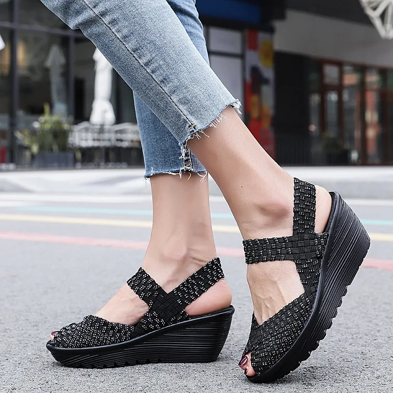 2025 Summer Sandals Womens Shoes Casual Breath Woven Wedges Shoes 6CM High Fashion Outside Sandals Female Slipper Black 35-41