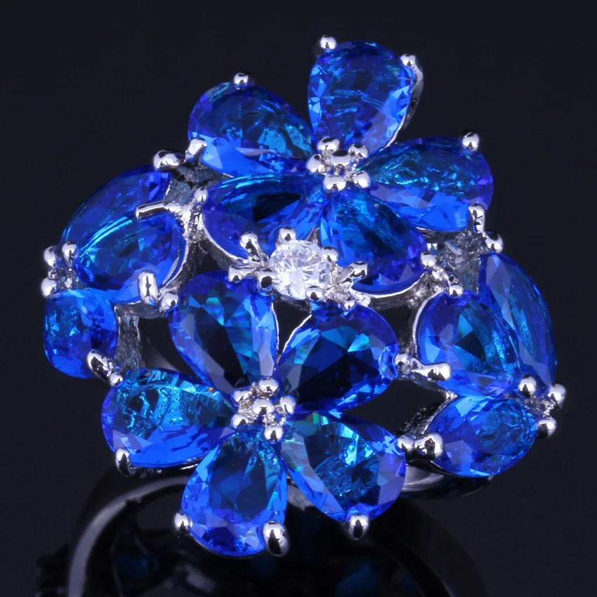 Gleaming Huge Blue Cubic Zirconia White CZ Silver Plated Ring V0165