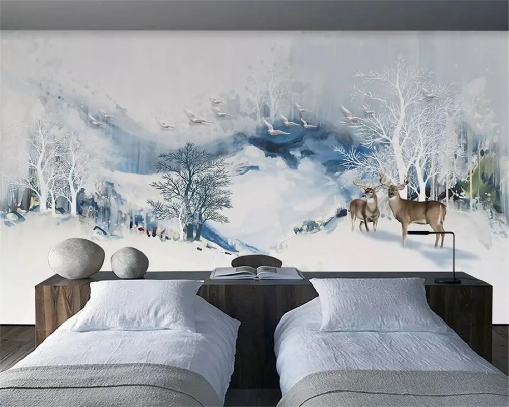 

Custom wallpaper Chinese abstract ink artistic landscape mountain elk flying bird TV sofa background wall 3d wallpaper