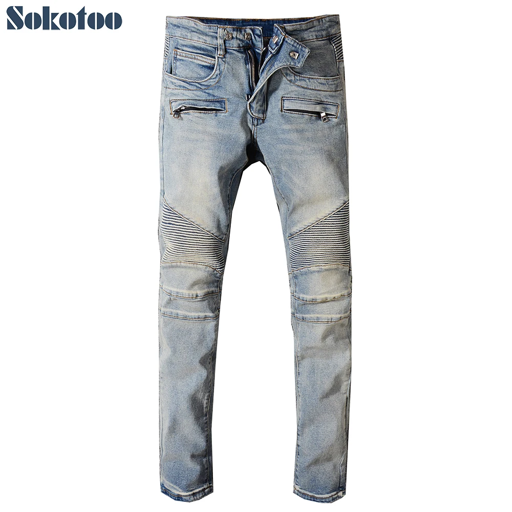 

Sokotoo Men's classic vintage blue stretch denim biker jeans for moto Plus size patchwork slim fit pants