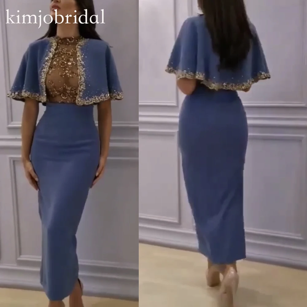 Vestidos de graduación azules 2019, cuello redondo, Apliques de encaje con cuentas de lentejuelas, vestido de noche árabe hasta el tobillo, moda