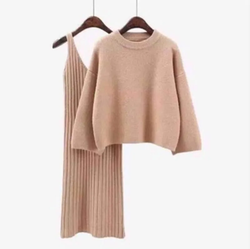 New Fashion Women Knit Suits 2020 Wool Sweater Elastic Cashmere Suit Loose Pullover Sweater +Long Hip Skirt Two Piece WS046