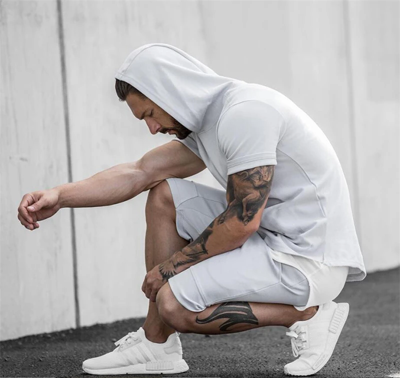 Mens Bodybuilding Hoodies Gyms Hooded Short Sleeve Fitness Clothing Muscle Shirt Cotton Slim Solid Cotton Pullover Sweatshirt