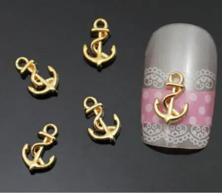 10pc Golden Alloy Glitter 3d Nail Art Anchor Decorations with Rhinestones,3D Nail Charms,Jewelry on Nails Salon Supplies