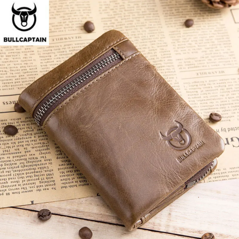 Bullcaptain Cow Genuine Leather Casual Men Short Wallet Coin Pocket Trifold Zipper Male Money Purse Credit Card Holder JYB011