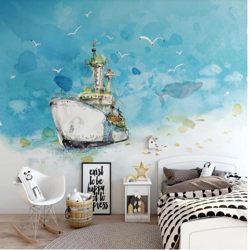 

3D Kids Bedroom Sea Whale Boat Wallpaper Mural Art Decal HD Photo Papers Rolls Home Decor Hand Painting Contact Paper