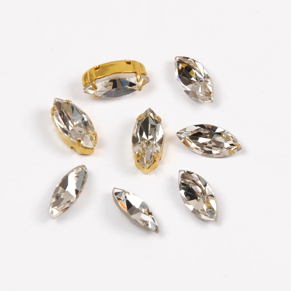 K9 Kristallklare Navette-Aufnähkristalle mit Silber-Gold-Metallfassung, Edelsteine für Bastelarbeiten – Detail 2