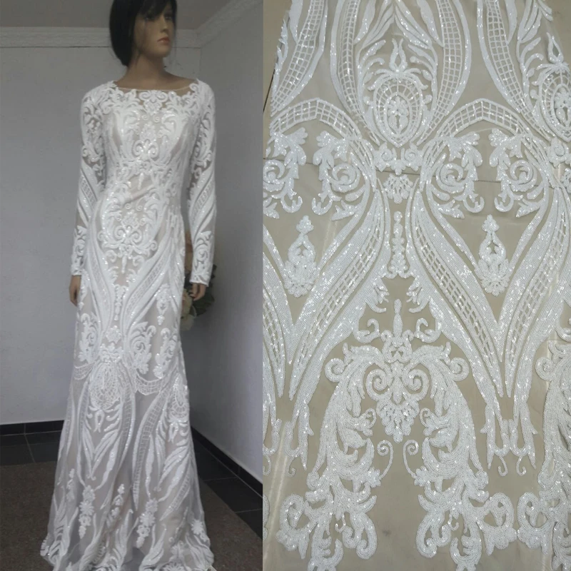 

Nigerian Tulle Lace Fabaric Off White Latest 2021 High Quality African Sequins Lace Fabric For Wedding Dress M1059