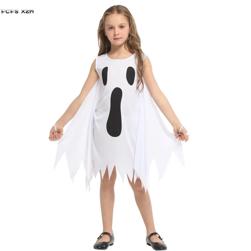 Girls Halloween White Ghost Scary Costume Kid Children Hell Devil Fiend Cosplay Carnival Purim Stage Play Masquerade Party Dress