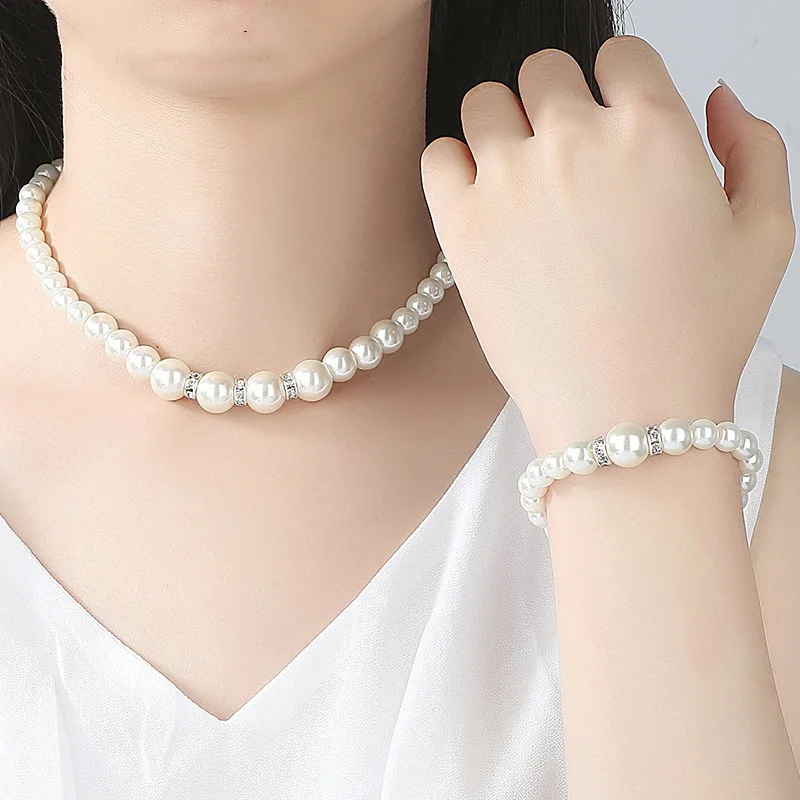 Fashion Simulated Pearl Bridal Jewelry sets For Women Adjustable Choker Earring Necklace Bracelet Crystal Wedding Jewelry Gift