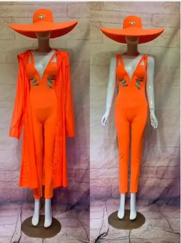 Fashion New Design 6 Colors Sexy Stage Dance Wear Jumpsuit Big Hat Performance Bodysuit Outfit Costume Team Clothing Set