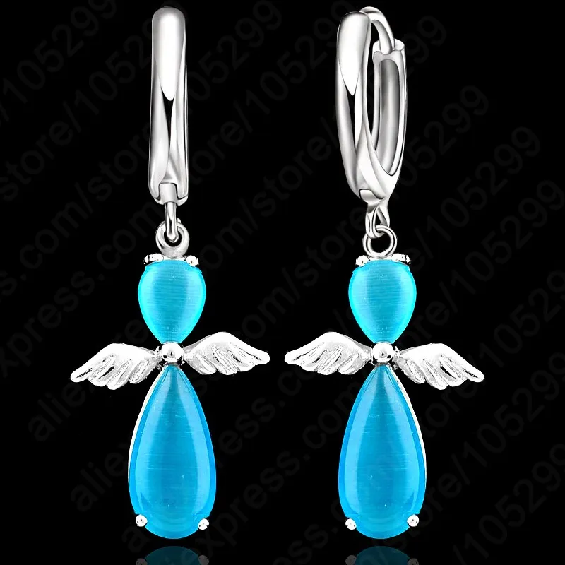 Trendy Natural Cat's Eye Opal Stone 925 Sterling Silver Angel Wings Pendant Necklace Lever Back Loop Earring Woman Jewelry Sets