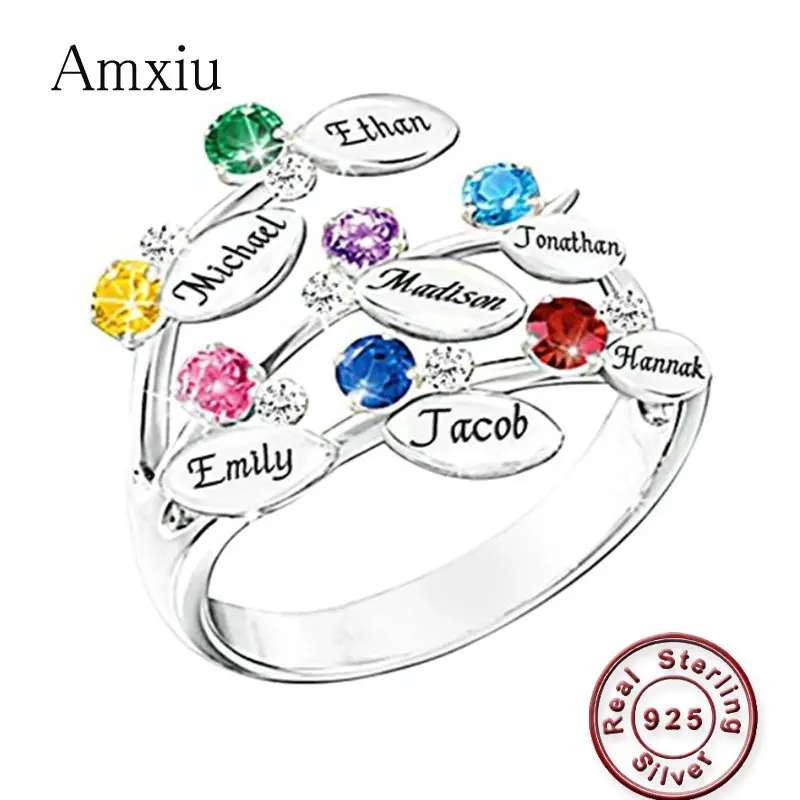 Amxiu Custom 100% 925 Sterling Silver Ring Engrave Seven Names Rings with Birthstones Family Mother's Day Gift Friends Jewelry