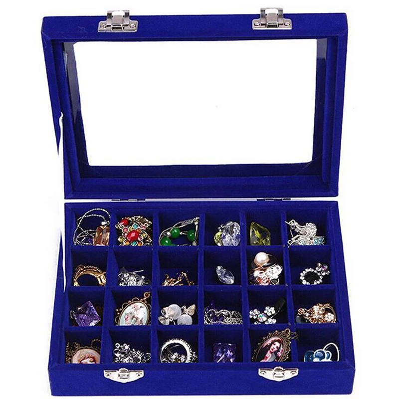 Top fashion Various Color Options 24 Grids Ring Box Jewelry Earrings Necklaces Makeup Case Choker Organizer Jewellery Storage