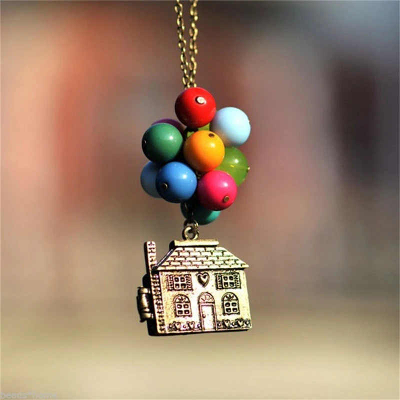 Vintage Movie Balloon House Up Necklace Women Colorful Beads Pendant Long Necklace Box Can Be Opened Necklaces Beadwork Necklace