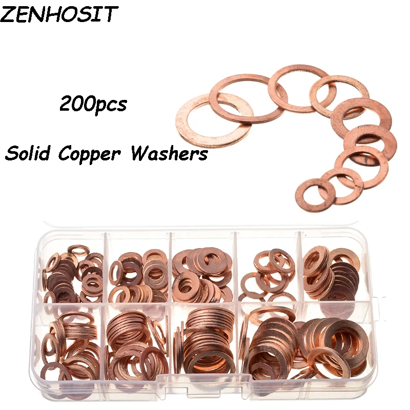 ZENHOSIT 200pcs Flat Ring Oil Brake Seal Washer 9Sizes Solid Copper Crush Washer Gasket M5-M14 Copper Washer for Hardware Kit