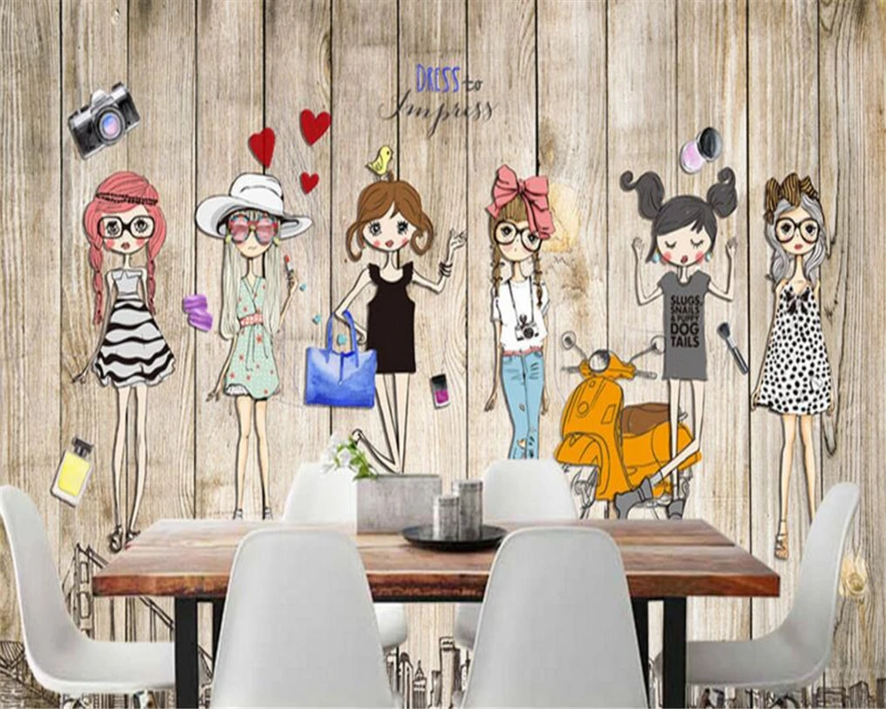 Custom 3d wallpaper Fashion girl wood grain Clothing store display background walls home decor work canvas relief material mural