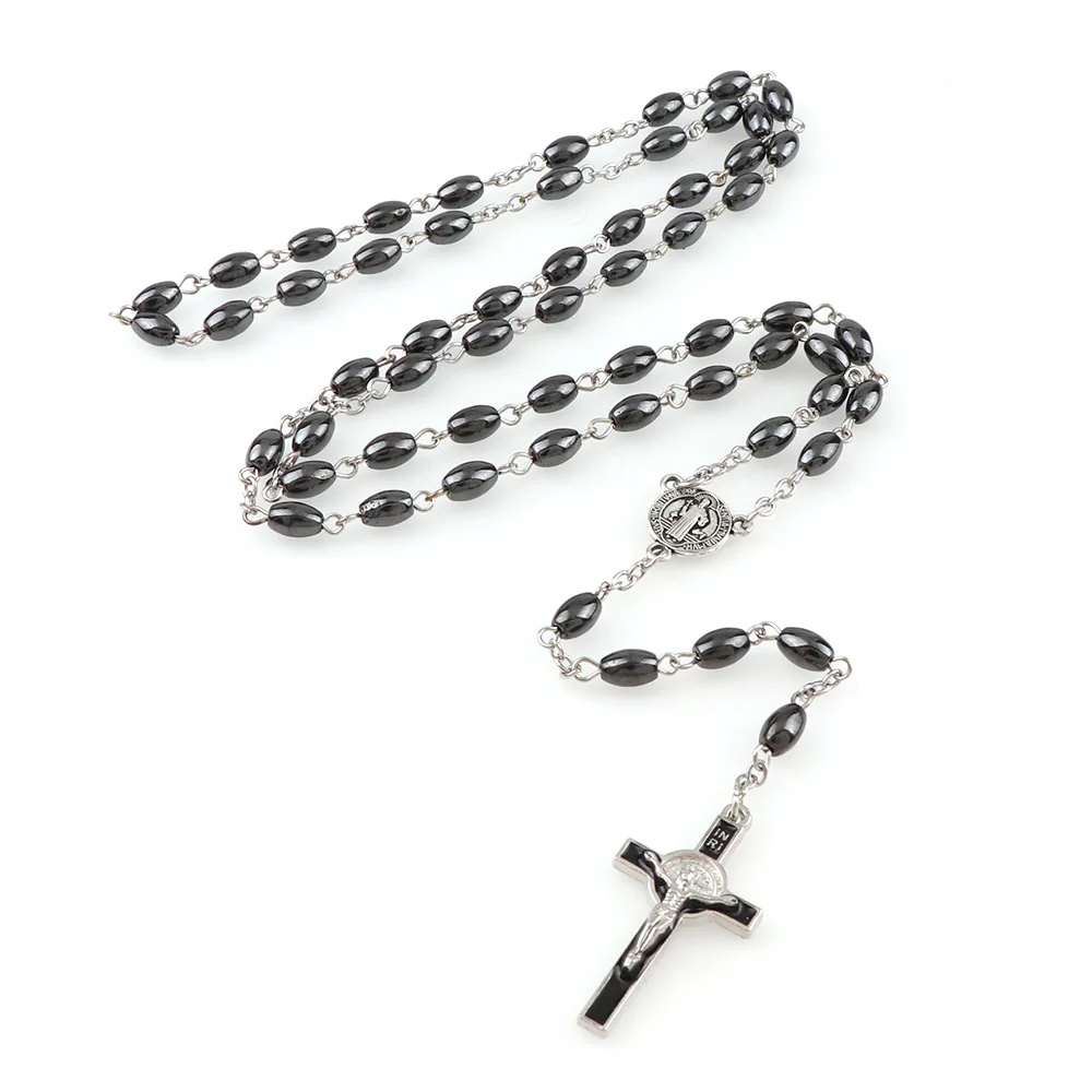 Oval Hematite Bead Catholic Rosary Pendant Necklace Alloy Cross Jesus Cross Pendant Benedict Connectors Religious Necklaces