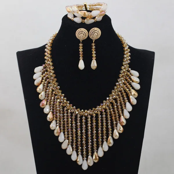 African Beads Metallic Silver Wedding Bib Statement Necklace Set Crystal Bride Gift Party Jewellery Set New Free Shipping ABH610