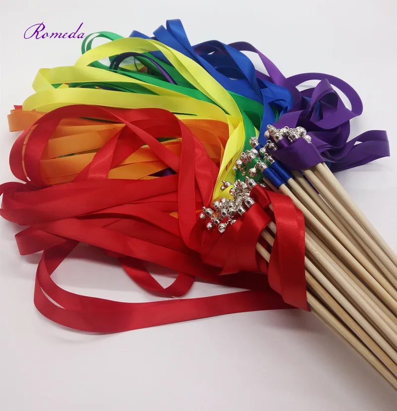 Newest 50pcs/lot rainbow wedding ribbon stick wands Sparklers  with sliver bell for wedding decoration