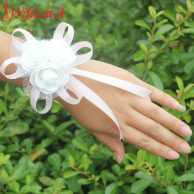 Wifelai-a PE Rose Flowers Ribbon Bride Wrist Flowers Bridesmaids Silk Lace Hand Flowers Wedding Corsages Many Colors