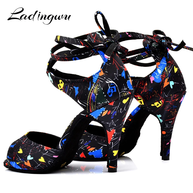 Ladingwu New Modern Floral Satin Salsa Dance Shoes Woman Girls Simple Style Latin Dance Shoes Soft Bottom Ballroom Dance Shoes