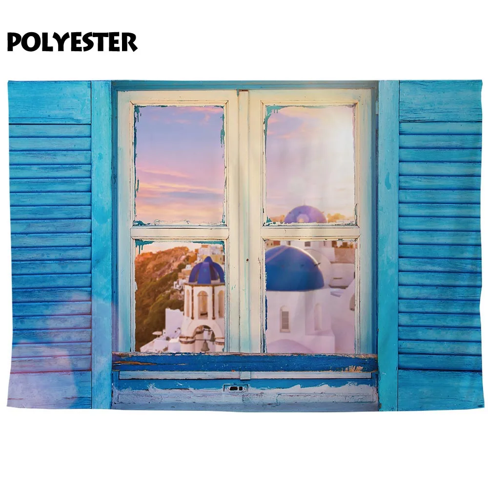 Allenjoy 写真の背景ギリシャ窓ブルーシャッター風景の背景の写真撮影の小道具 photocall photobooth 生地