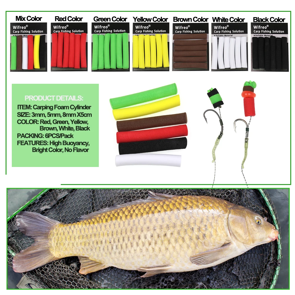 Wifreo 12PCS/2bags 8mm 5mm 3mm Carp Fishing Pop Up Foam Zig Rig Foam Sticks Hair Rig Floating Carp Fishing Bait Red Green Yellow