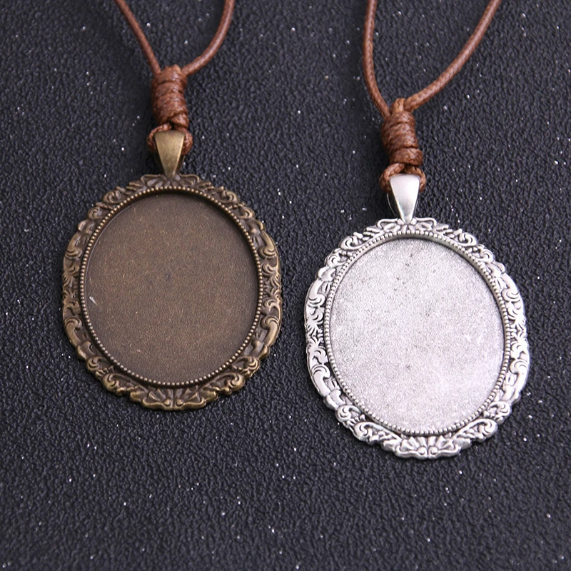 1pcs Zinc Alloy Two Color 30*40mm Lace Oval Cabochon Settings Blank Cameo Pendant Base Tray With Leather Cord For Jewelry Making