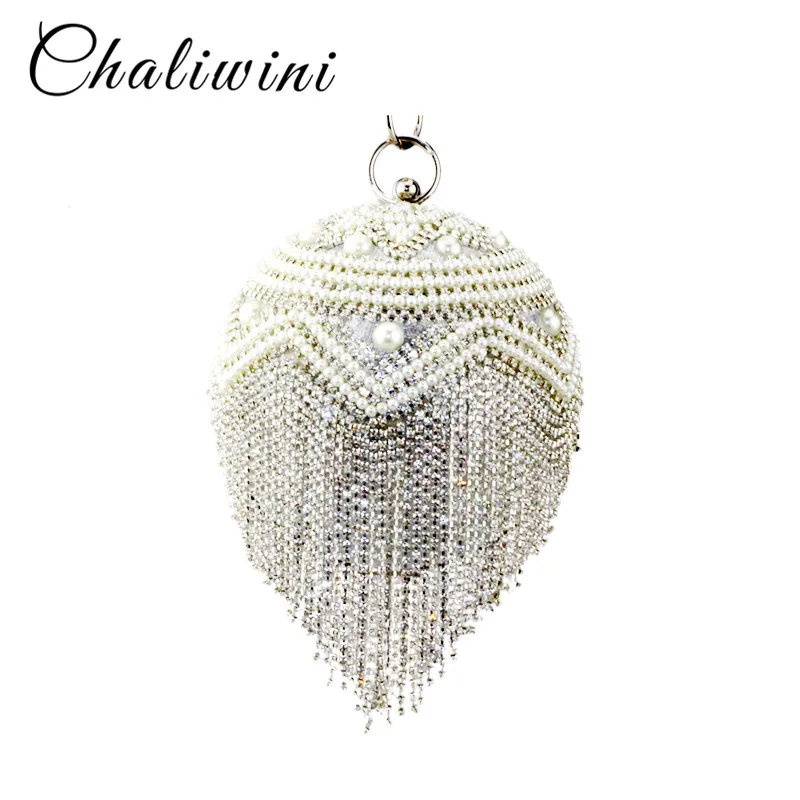 Chaliwini Tassel Golden Lady Shoulder Pearl Beaded Round Ball Wedding Bag Women Evening Bridal Crystal Knucklebox Clutch Handbag