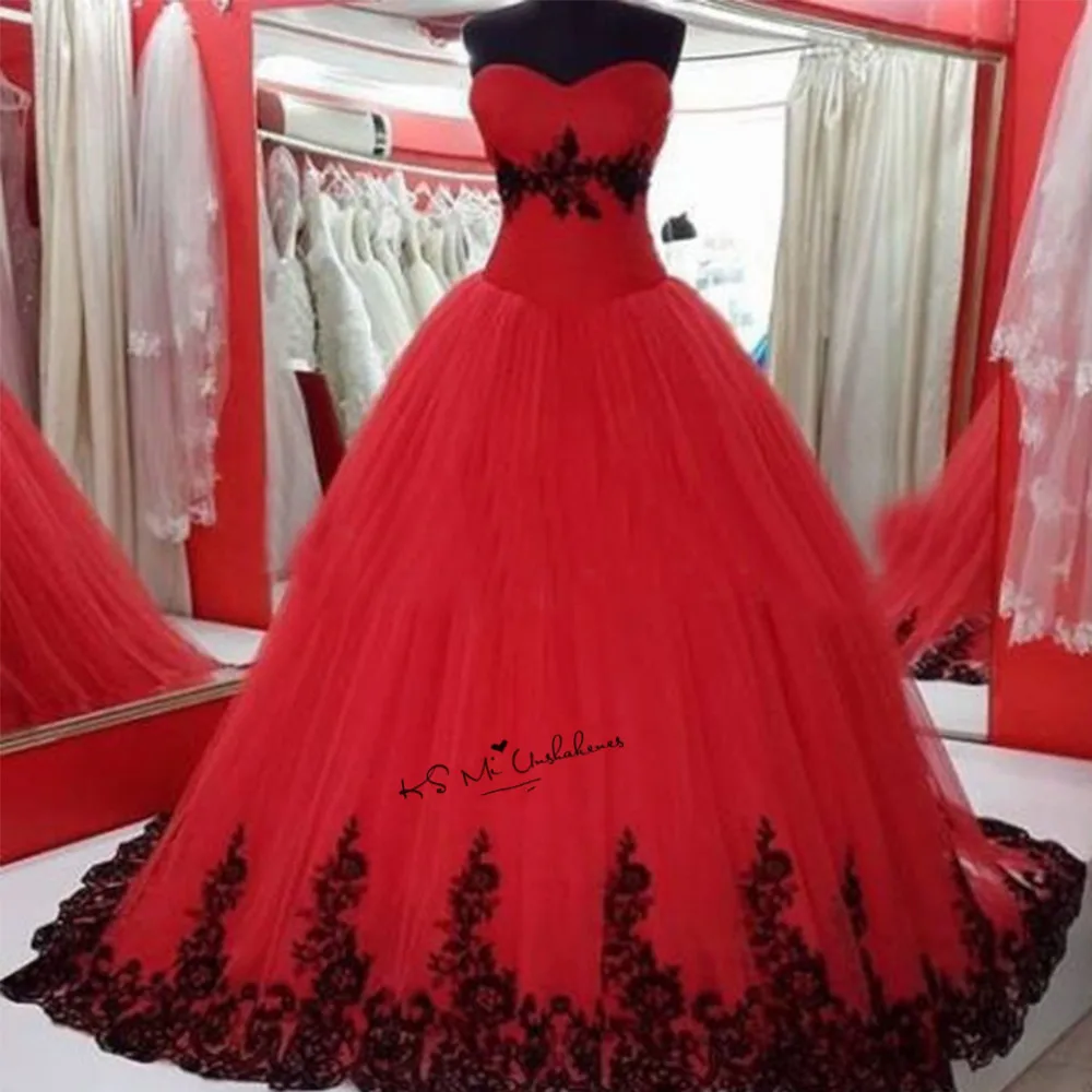 Black Red Wedding Dresses Plus Size Vestidos de Noivas Lace China Bridal Gowns Corset Back Gothic Wedding Gown Puffy Trouwjurk image 3