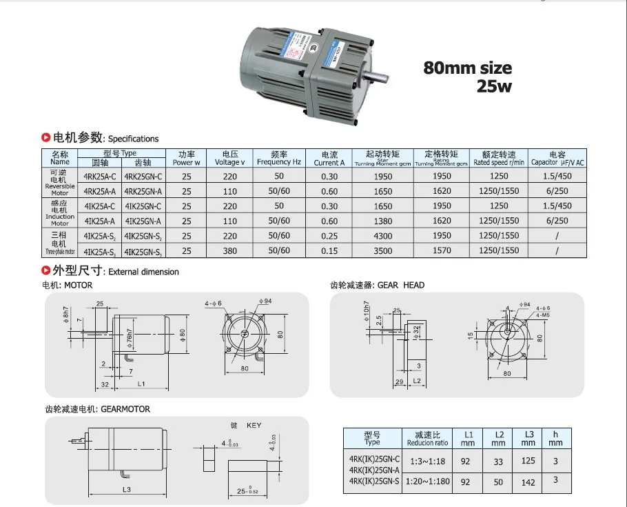 New Gear Motor /gearbox motor 4IK25GN-C in 220 VAC out Power 25W reduction ratio 1:10 have18 kind can choose Vertical AC motor