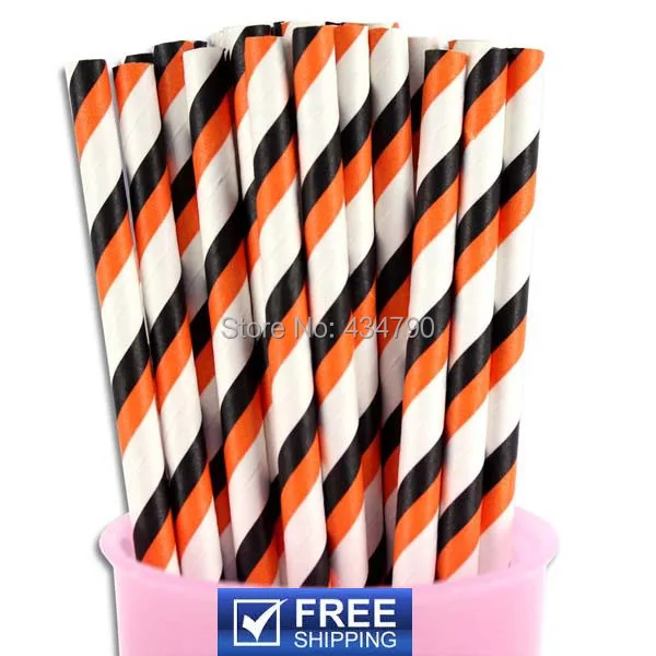 200 Pcs Black and Orange Striped Halloween Paper Straws Drinking, soda, or everyday with iced tea, lemonade, water