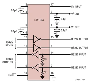 LT1180ACSW LT1180AISW LT1180 - Driver/Receptor duplo de baixa potência 5V RS232 com capacitores de 0,1uF