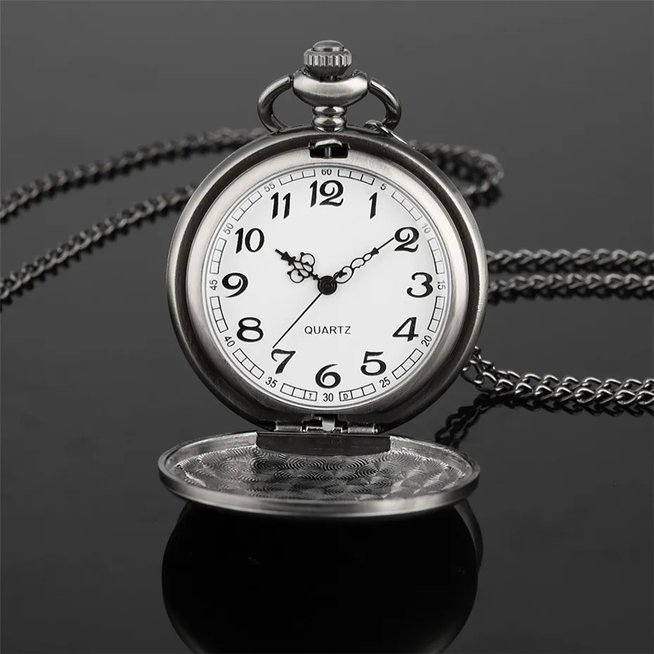 Vintage Grey Smooth Full Hunter Quartz Pocket Watch Arabic Numerals Display Minimalist Antique Pendant Clock with Chain New 2019