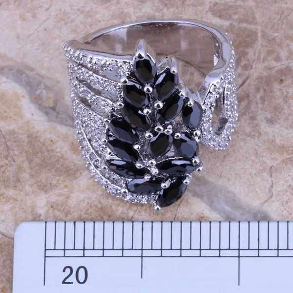 Unique Black Cubic Zirconia White CZ Silver Plated Ring Size 5 / 6 / 7 / 8 / 9 / 10 S0189