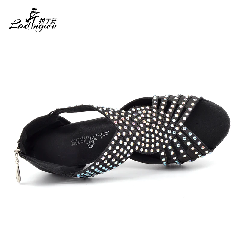 Ladingwu-zapatos de baile latino para mujer, sandalias de satén negro con colocación de diamantes de imitación brillantes, para salón de baile e interiores