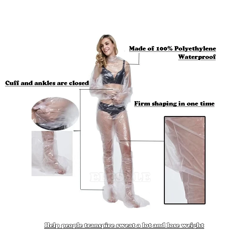 Impermeável PE plástico Clear Sauna Coverall, terno descartável do corpo do suor para o salão de beleza, roupa do Gym, perda de peso Coverall, novo, 10Pcs