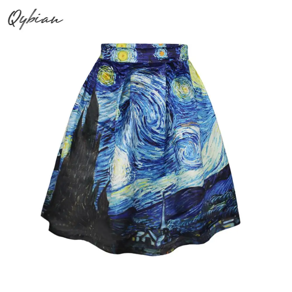 Qybian-Vintage Van Gogh impressão saia de cintura alta feminina, saias femininas, dia dos namorados, plus size, nova