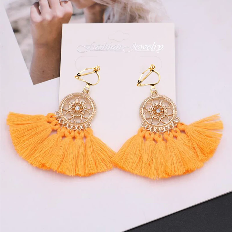 JIOFREE Tassel earrings bohemian statement luxury long Clip On Earrings Without Piercing handmade women geometric Boho Jewelry