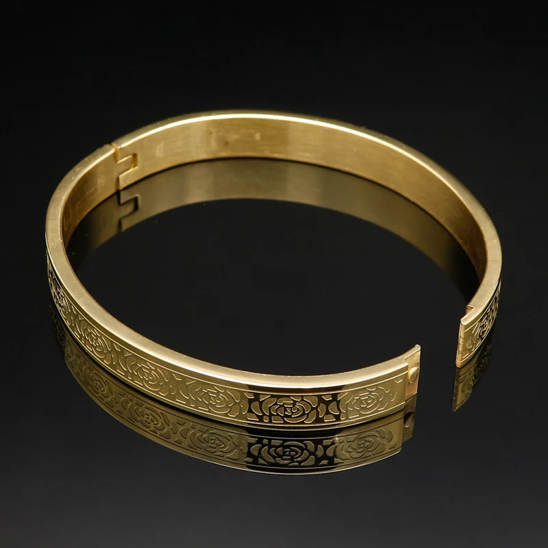 Rose Pattern Bangle Fashion Gold Color Eternity Love Carving Bracelet Gold Bangle Female Models Buckle Brand Jewelry For Women