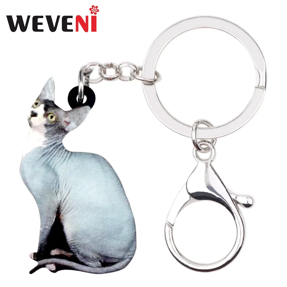 WEVENI Acrylic Canadian Sphynx Hairless Cat Key Chains Keychain Bag Jewelry For Women Girls Holder Car Charms Pet Wholesale