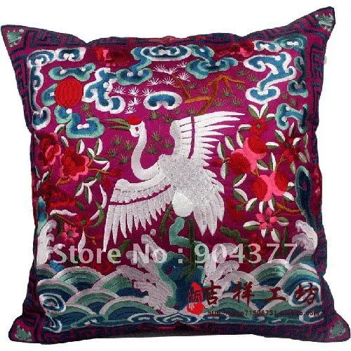 

Full Embroidered Crane Chinese Pillow Covers for Cushions Christmas Decorative Ethnic Vintage Satin Cushion Cover for Sofa Chair