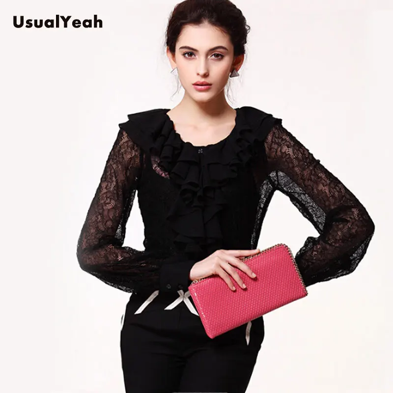 New  Elegant Women\'s Lace Body Shirt Long Sleeve Work Wear Top Ruffled neck Patchwork Blouse with vest 5 Colors M-XXL SY0271