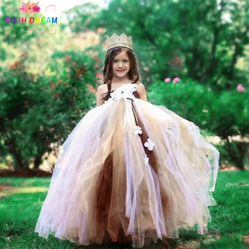 

POSH DREAM Brown Ivory Gold Tutu Dress for Wedding Party Flower Girl Birthday Wedding Ivory Gold Flower Kids Girl Dress Clothes