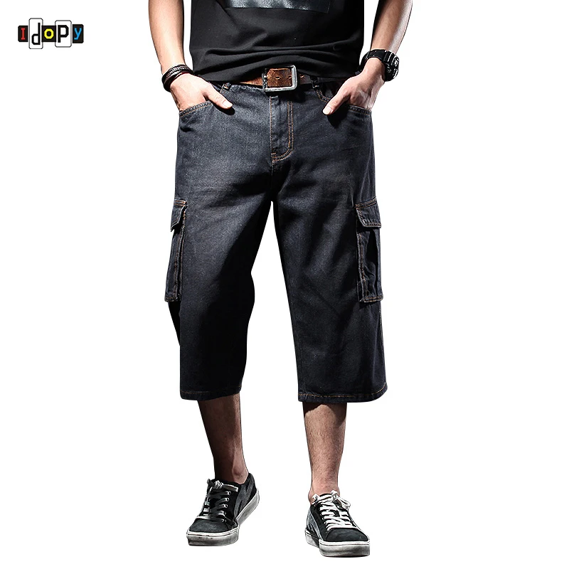 Idopy Men`s Denim Cargo Shorts Plus Size Motorcycle Biker Multi-Pockets Straight Washed Jean For Male